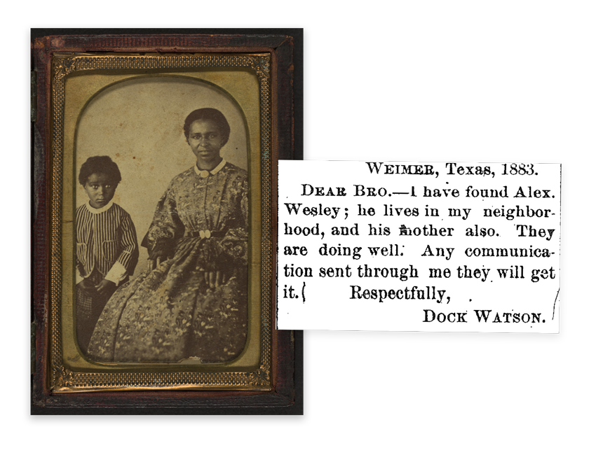 Newspaper clipping stating that Alex Wesley and his mother have been found. Clipping accompanied by a portrait of a mother and son.